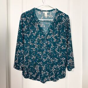 H&M Floral Split Neck 3/4 Sleeve Knit Blouse Green Size Small